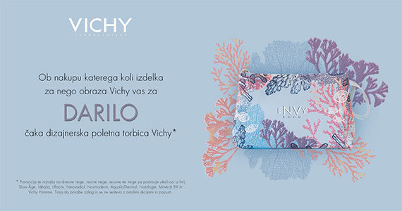 Ob nakupu kateregakoli izdelka Vichy za nego obraza prejmete darilo: Dizajnersko poletno torbico Vichy.