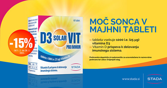 Prehransko dopolnilo vitamin D3 Solarvit Pro Immun vam je na voljo 15% ugodneje.