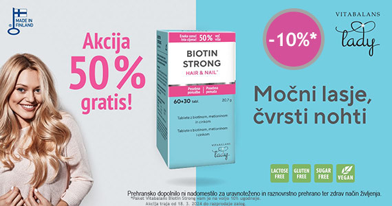 Vitabalans Biotin Strong paket (60 + 30 tablet) vam je na voljo 10% ugodneje.