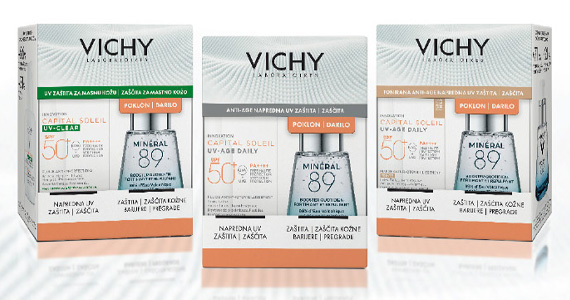 Izdelki Vichy Capital Soleil UV-Clear in UV-Age so vam na voljo v posebni paketni ponudbi.