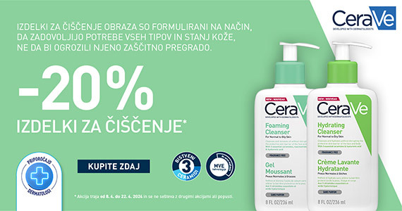 Izdelki za čiščenje CeraVe so vam na voljo 20% ugodneje.