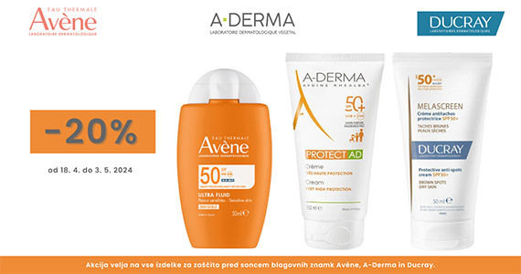 Izdelki za zaščito pred soncem Avene, A-Derma Protect in Ducray Melascreen so vam na voljo 20% ugodneje