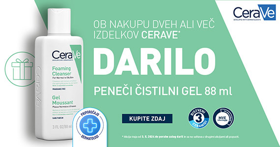 Ob nakupu 2 izdelkov CeraVe prejmete darilo: CeraVe peneči čistilni gel (88 ml).