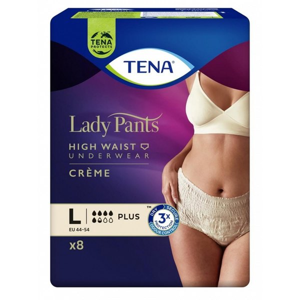Tena Lady Pants Plus L, vpojne hlačke za inkontinenco z visokim pasom - bež (8 hlačk)