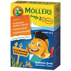Moller's Omega-3, žvečljivi bonboni za otroke z okusom limone in pomaranče (36 bonbonov)