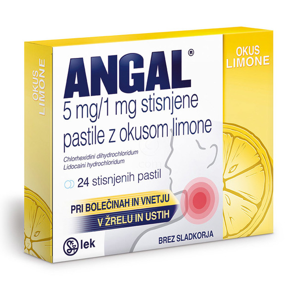 Angal 5 mg/1 mg, stisnjene pastile z okusom limone (24 pastil)