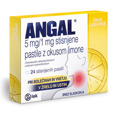 Angal 5 mg/1 mg, stisnjene pastile z okusom limone (24 pastil)