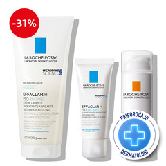 LRP Effaclar, pomirjujoči protokol za kožo z nepravilnostmi, izsušeno zaradi tretmajev - higiena, nega, zaščita pred soncem (200 ml + 40 ml + 50 ml)