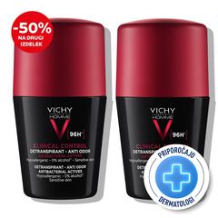 Vichy Homme, deo-duo paket Clinical Control roll-on dezodorant testiran za nadzor prekomernega znojenja do 96 ur (2 x 50 ml)