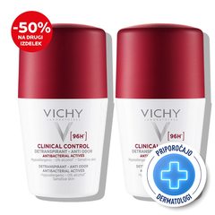 Vichy, deo-duo paket roll-on Clinical Control dezodorant, testiran za nadzor prekomernega znojenja do 96 ur (2 x 50 ml) 