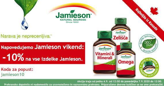 Jamieson vikend  - vsi izdelki Jamieson so vam ta vikend na voljo 10% ugodneje. Koda za popust: jamieson10.