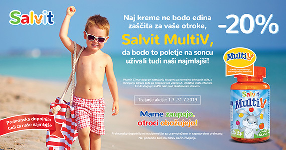 Naj kreme ne bodo edina zaščita pred soncem za vaše otroke, Salvit MultiV vam je na voljo 20% ugodneje.”