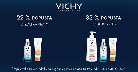 Ob nakupu 2 izbranih izdelkov Vichy prejmete 22% popust, ob nakupu 3 pa 33% + Brezplačno dostavo.