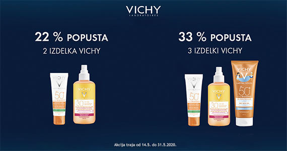 Ob nakupu 2 izdelkov Vichy Ideal Soleil prejmete 22% popust, ob nakupu 3 pa 33% + Brezplačno dostavo.
