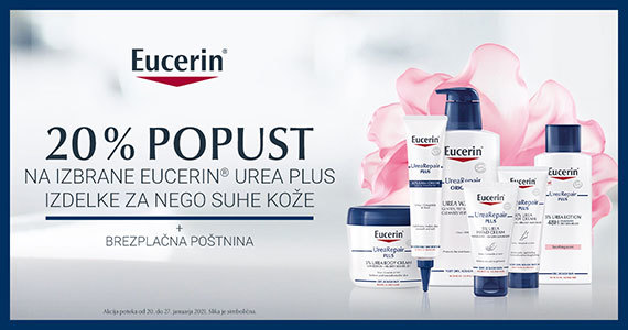 Eucerin vam podarja 20% popust na izbrane izdelke Urea Plus za nego suhe kože + Brezplačno poštnino.