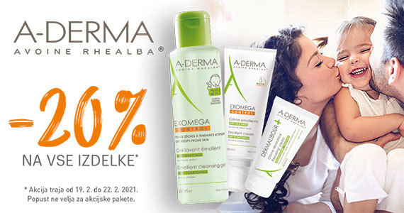 A-Derma vikend: Vsi izdelki A-Derma so vam ta vikend na voljo 20% ugodneje.