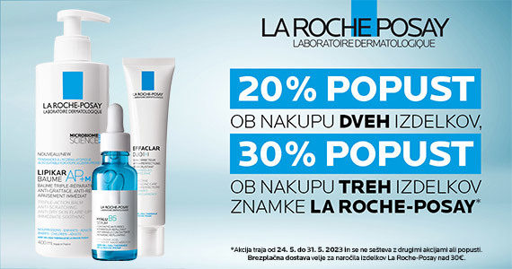 La Roche-Posay dnevi - ob nakupu 2 izdelkov LRP prejmete 20% popust, ob nakupu 3 ali več izdelkov pa kar 30% popust.