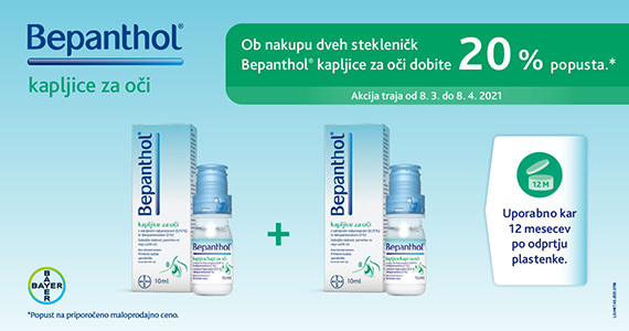 Ob nakupu dveh stekleničk Bepanthol kapljic za oči dobite 20 % popusta.