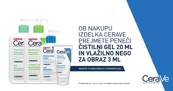 Ob nakupu CeraVe prejmete darilo: CeraVe čistilni gel (20 ml) in CeraVe vlažilno nego za obraz (3 ml) + Brezplačno dostava ob nakupu CeraVe nad 30€.