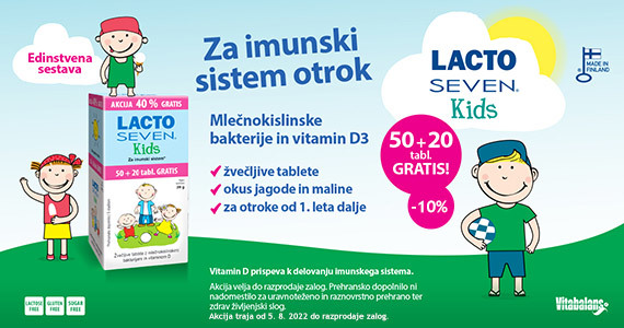 Posebna ponudba: Lactoseven Kids Vitabalans, 50 žvečljivih tablet + Darilo: 20 žvečljivih tablet [-10%].