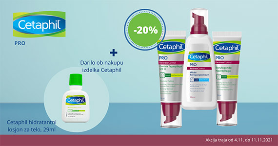 Cetaphil PRO Redness Control vam je na voljo 20% ugodneje, ob nakupu kateregakoli izdelka Cetaphil pa prejmete še darilo: Cetaphil hidratantni losjon za telo (29 ml).