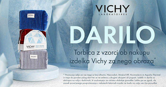 Ob nakupu izbranih izdelkov za nego obraza Vichy prejmete darilo: Vichy Torbico z vzorčki nege + Brezplačno dostavo ob nakupu Vichy nad 30€.