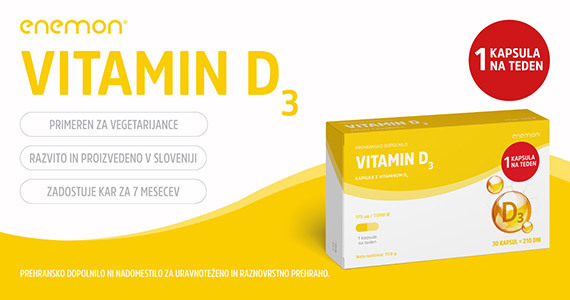 Enemon Vitamin D3 - prehransko dopolnilo z vitaminom D3 namenjeno tedenskemu odmerjanju.