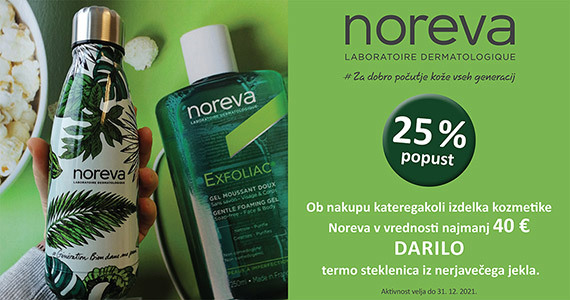 Noreva vam je na voljo 25% ugodneje + Darilo ob nakupu izdelkov Noreva nad 40€: Termo steklenica za vodo.
