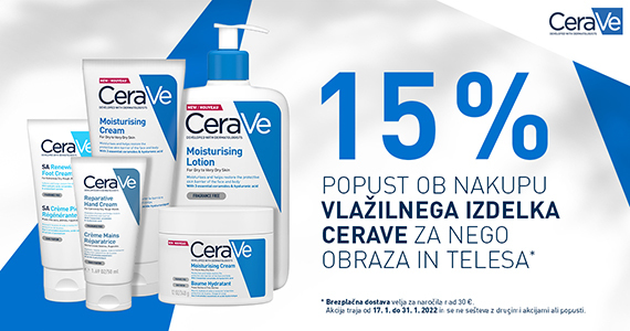 Vlažilni izdelki CeraVe za obraz in telo so vam na voljo 15% ugodneje + Brezplačna dostava ob nakupu CeraVe nad 30€.