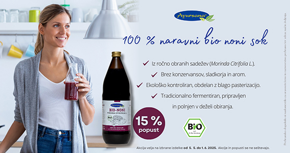 Ayursana bio noni sok vam je na voljo 15% ugodneje.