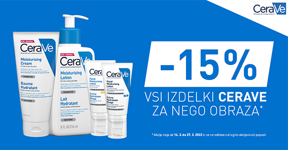 CeraVe izdelki za nego obraza so vam na voljo 15% ugodneje + Brezplačna dostava ob nakupu CeraVe nad 30€.
