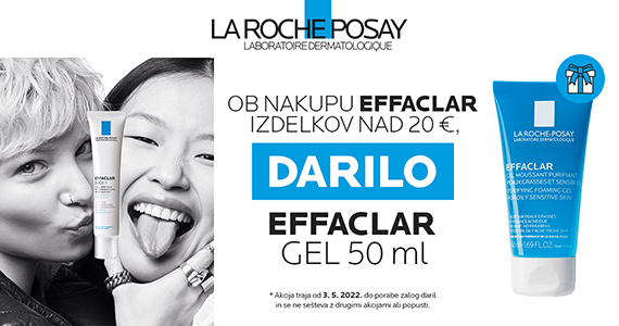 Ob nakupu izdelkov La Roche-Posay Effaclar v skupni vrednosti nad 20€ prejmete darilo: Effaclar gel (50 ml).