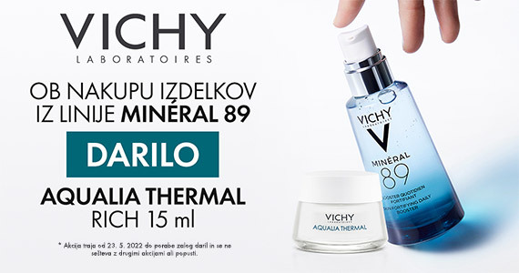 Ob nakupu izdelkov iz linije Vichy Mineral 89 prejmete darilo: Vichy Aqualia Thermal - bogato kremo (15 ml) + Brezplačno dostavo ob nakupu Vichy nad 30€.