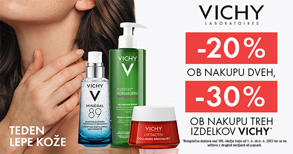Vichy dnevi - ob nakupu 2 izdelkov Vichy prejmete 20% popust, ob nakupu 3 ali več izdelkov pa kar 30% popust.