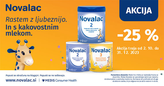 Nadaljevalne mlečne formule Novalac so vam na voljo 25% ugodneje.