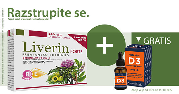 Ob nakupu velikega paketa Liverin Forte prejmete darilo: Vitamin D3 2.000 IE Pharmalife kapljice - steklenička s kapalko (30 ml).
