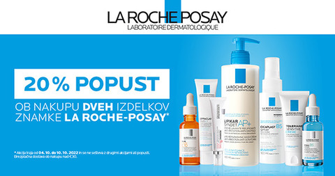 Ob nakupu 2 izdelkov La Roche-Posay prejmete 20% popust + brezplačno dostavo ob nakupu LRP nad 30€.