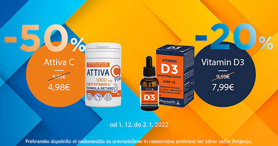 Pharmalife Vitamin D3 vam je na voljo 20% ugodneje, Attiva C pa kar 50% ugodneje.