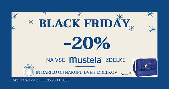 Mustela Black Friday na Lekarnar.com: Izdelki Mustela so vam na voljo 20% ugodneje + Darilo ob nakupu 2 izdelkov Mustela. - Slika 1