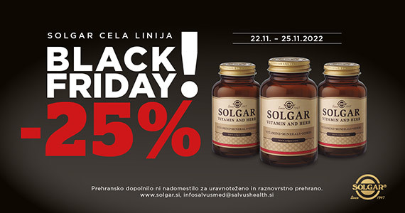 Solgar Black Friday na Lekarnar.com - Vsi izdelki Solgar so vam na voljo 25% ugodneje.