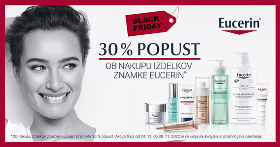 Eucerin Black Friday na Lekarnar.com: Vsi izdelki Eucerin so vam na voljo 30% ugodneje.