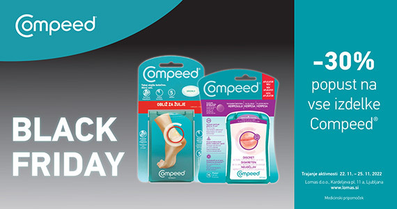 Compeed Black Friday na Lekarnar.com - Vsi izdelki Compeed so vam na voljo 30% ugodneje.