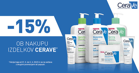 Vsi izdelki CeraVe so vam na voljo 15% ugodneje + Brezplačna dostava ob nakupu CeraVe nad 30€.