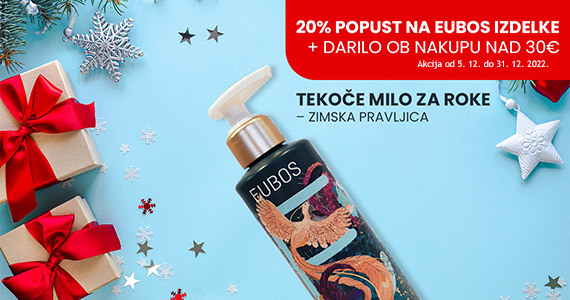 Eubos vam je na voljo 20% ugodneje + Darilo ob nakupu izdelkov Eubos nad 30€: Eubos tekoče milo za roke - zimski vonj (200 ml).
