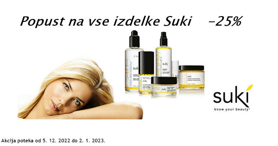 Vsi izdelki kozmetike Suki so vam na voljo 25% ugodneje.