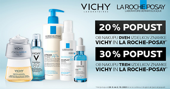 Vichy in La Roche-Posay vikend na Lekarnar.com - ob nakupu 2 izdelkov LRP in/ali Vichy prejmete 20% popust, ob nakupu 3 ali več izdelkov pa kar 30% popust.