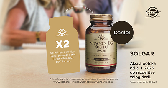 Ob nakupu 2 izdelkov Solgar prejmete darilo: Solgar Vitamin D3 (100 kapsul).