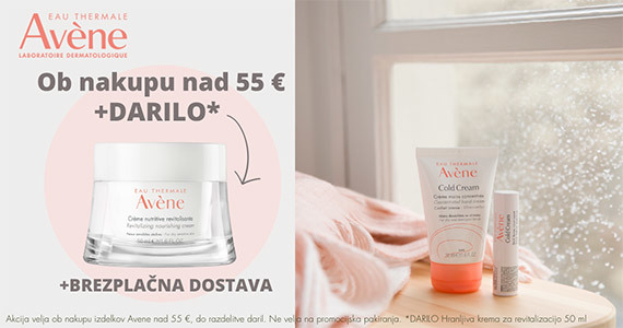 Ob nakupu izdelkov Avene nad 55€ prejmete darilo: Avene revitalizirajočo kremo za suho občutljivo kožo (50 ml).