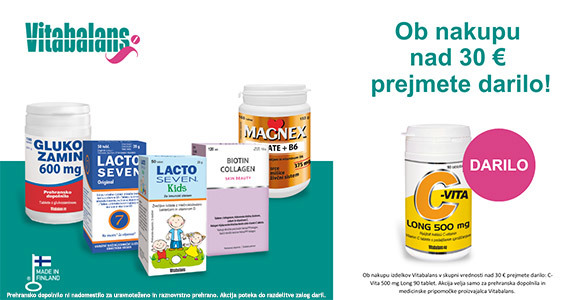Ob nakupu izdelkov Vitabalans v skupni vrednosti nad 30€ prejmete darilo: C-Vita 500 Vitabalans tablete s podaljšanim sprošanjem (90 tablet)*.