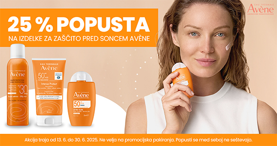 Izdelki za zaščito pred soncem Avene Sun so vam na voljo 25% ugodneje.